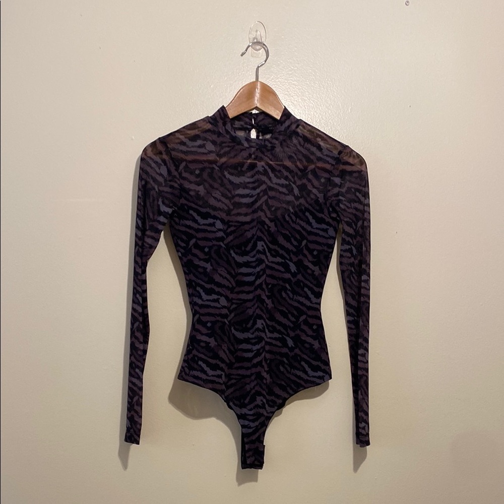 All Saints Black and Gray Patterned Mesh Bodysuit. Size Xs